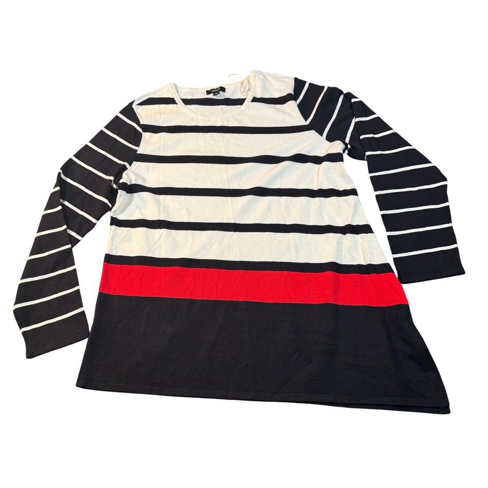 Alfani Modern Pop Womens Striped Asymmetrical Hem Sweater Black White Red Large